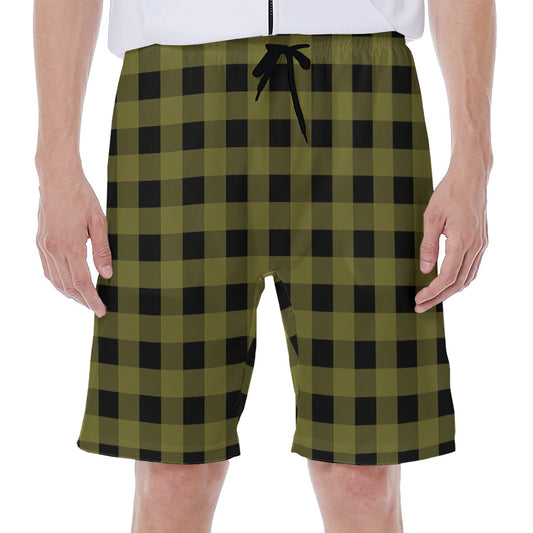 Olive Green Buffalo Check Pattern Print Men's Beach Shorts