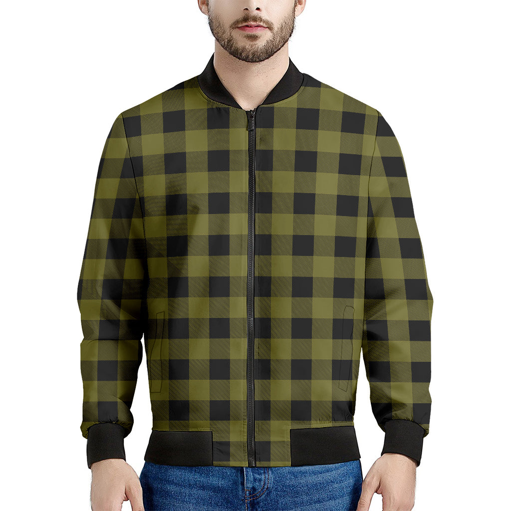 Olive Green Buffalo Check Pattern Print Men's Bomber Jacket