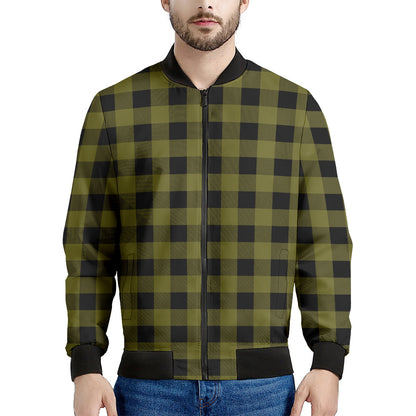 Olive Green Buffalo Check Pattern Print Men's Bomber Jacket