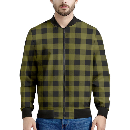 Olive Green Buffalo Check Pattern Print Men's Bomber Jacket