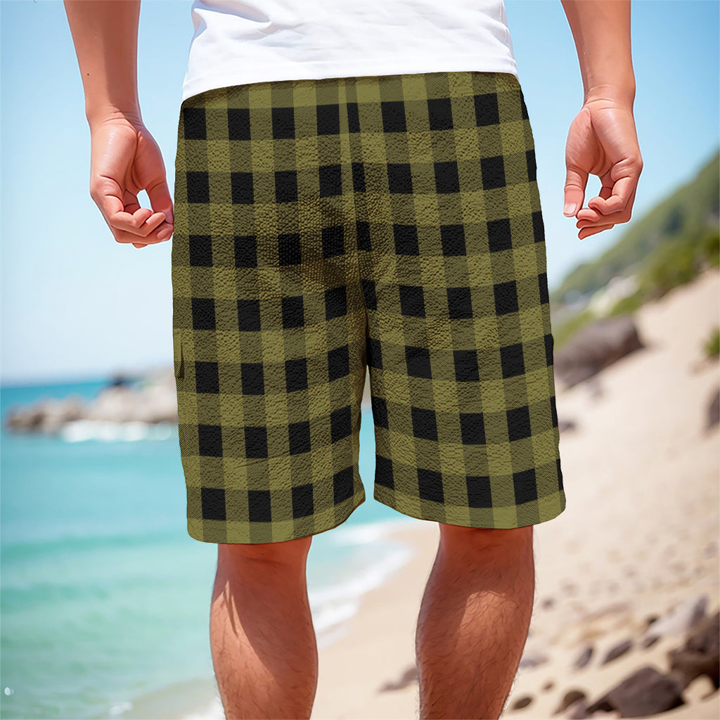Olive Green Buffalo Check Pattern Print Men's Cargo Shorts