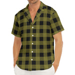 Olive Green Buffalo Check Pattern Print Men's Deep V-Neck Shirt
