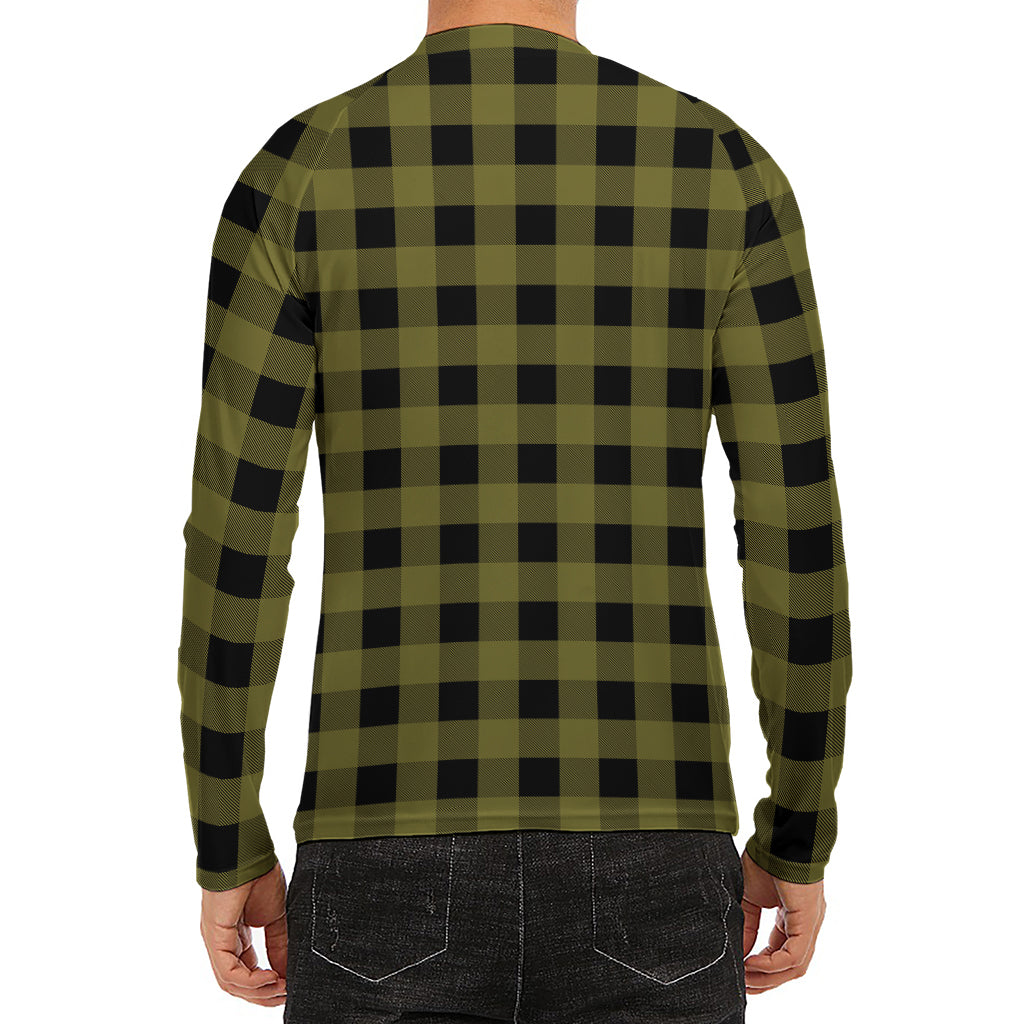 Olive Green Buffalo Check Pattern Print Men's Long Sleeve Rash Guard