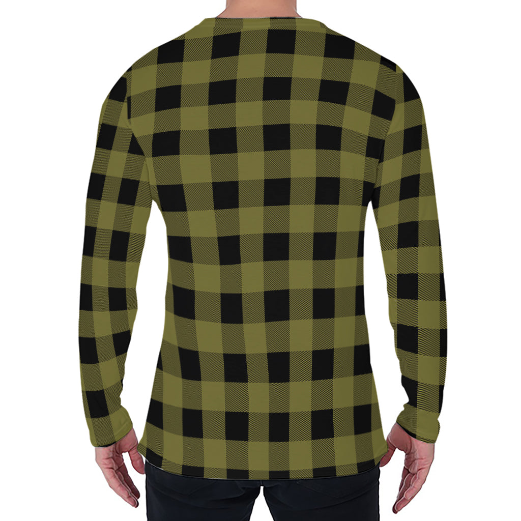 Olive Green Buffalo Check Pattern Print Men's Long Sleeve T-Shirt