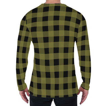 Olive Green Buffalo Check Pattern Print Men's Long Sleeve T-Shirt
