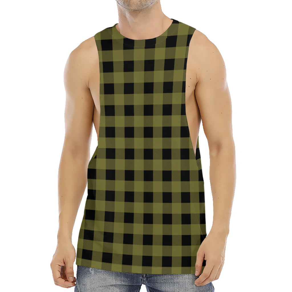 Olive Green Buffalo Check Pattern Print Men's Muscle Tank Top