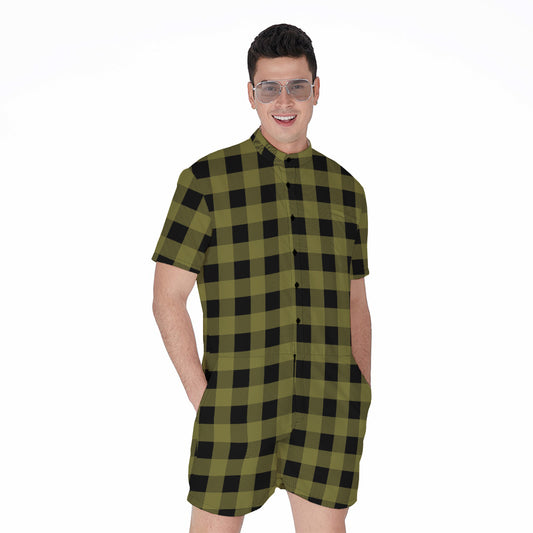 Olive Green Buffalo Check Pattern Print Men's Rompers