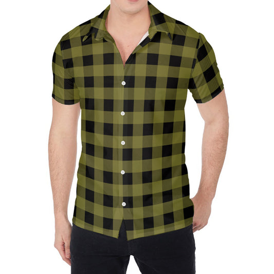Olive Green Buffalo Check Pattern Print Men's Shirt