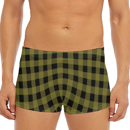 Olive Green Buffalo Check Pattern Print Men's Short Boxer Briefs