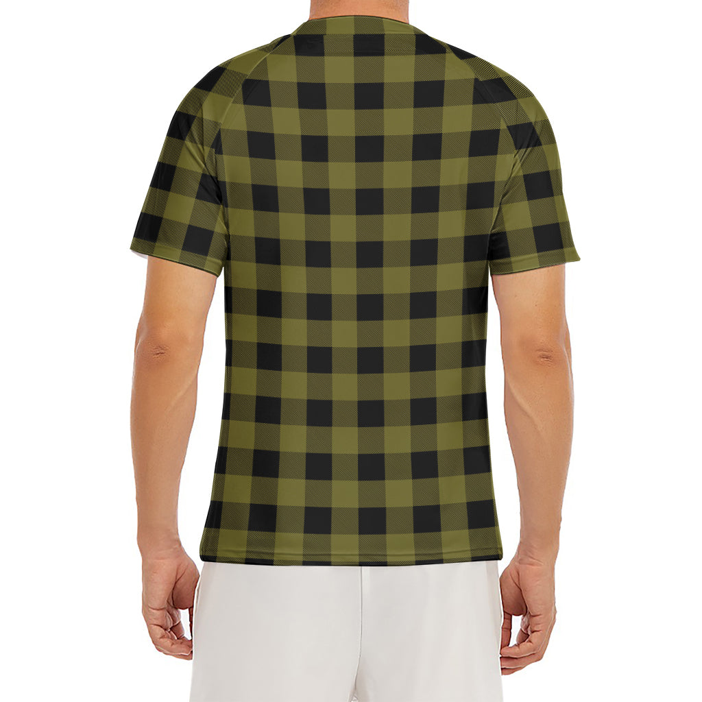 Olive Green Buffalo Check Pattern Print Men's Short Sleeve Rash Guard