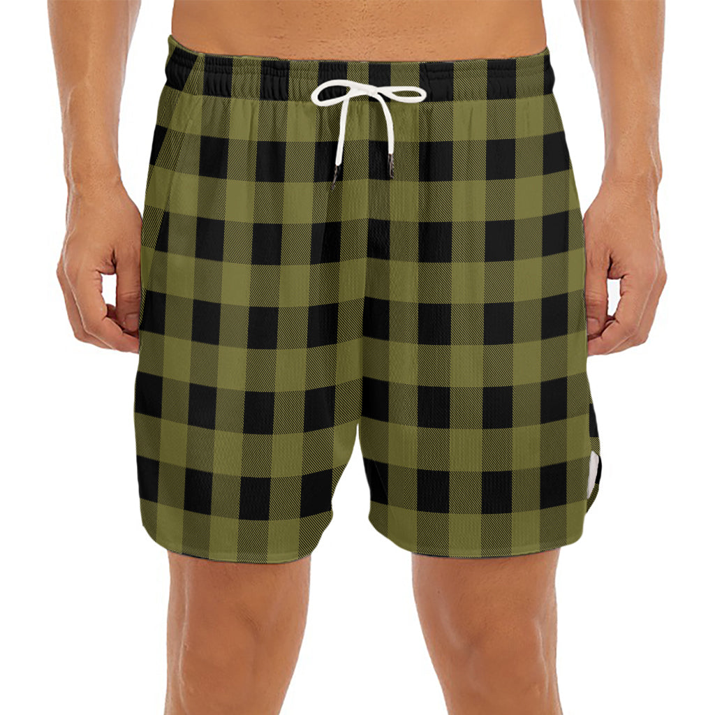 Olive Green Buffalo Check Pattern Print Men's Split Running Shorts