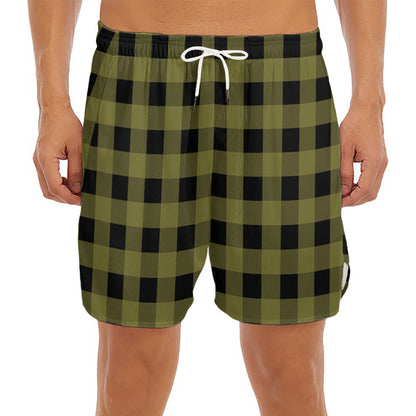 Olive Green Buffalo Check Pattern Print Men's Split Running Shorts