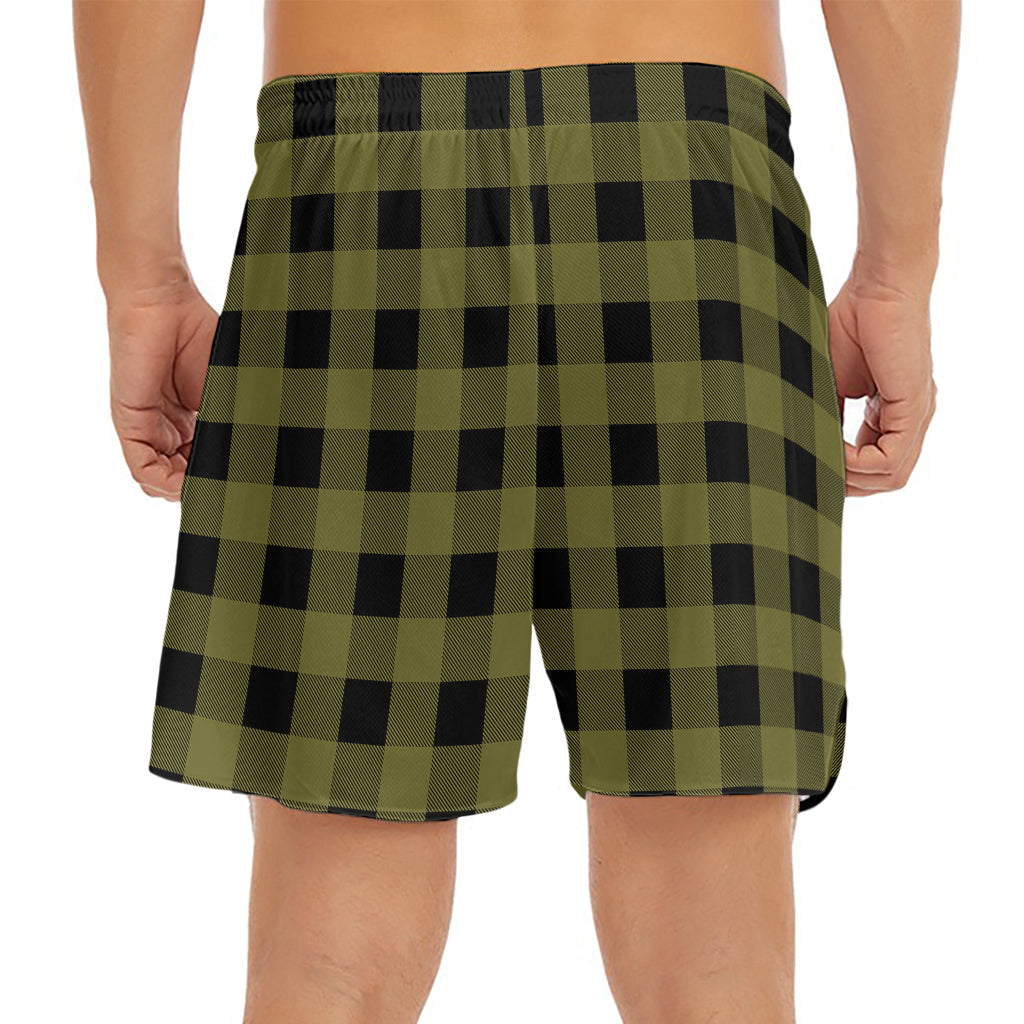 Olive Green Buffalo Check Pattern Print Men's Split Running Shorts