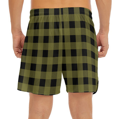 Olive Green Buffalo Check Pattern Print Men's Split Running Shorts