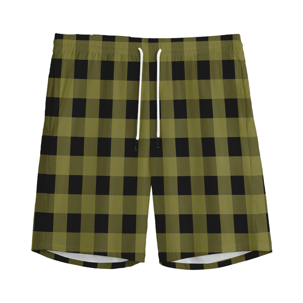 Olive Green Buffalo Check Pattern Print Men's Sports Shorts