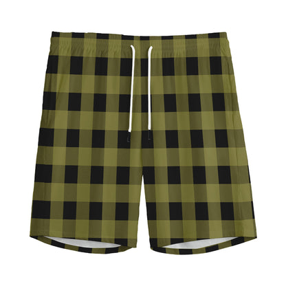 Olive Green Buffalo Check Pattern Print Men's Sports Shorts