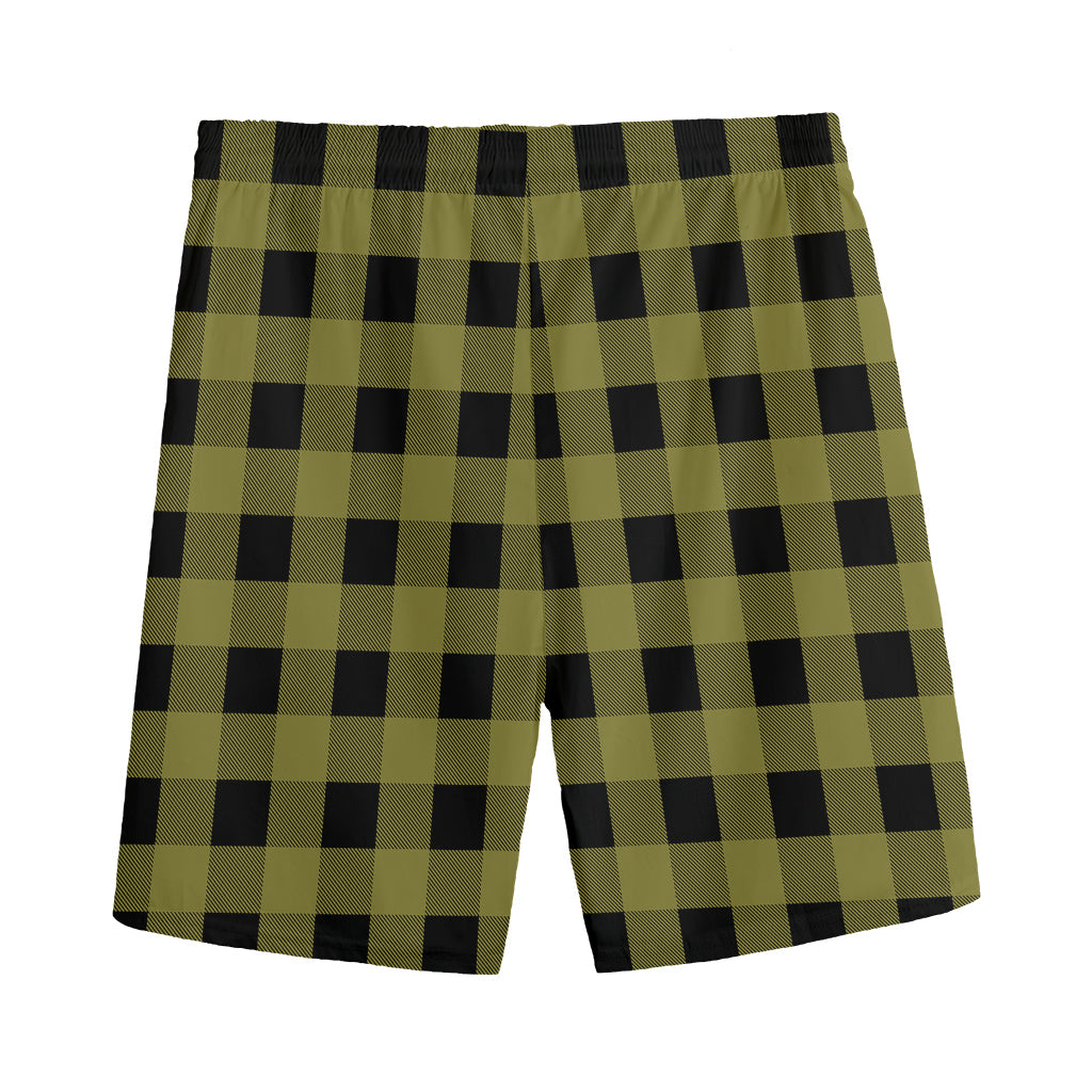 Olive Green Buffalo Check Pattern Print Men's Sports Shorts