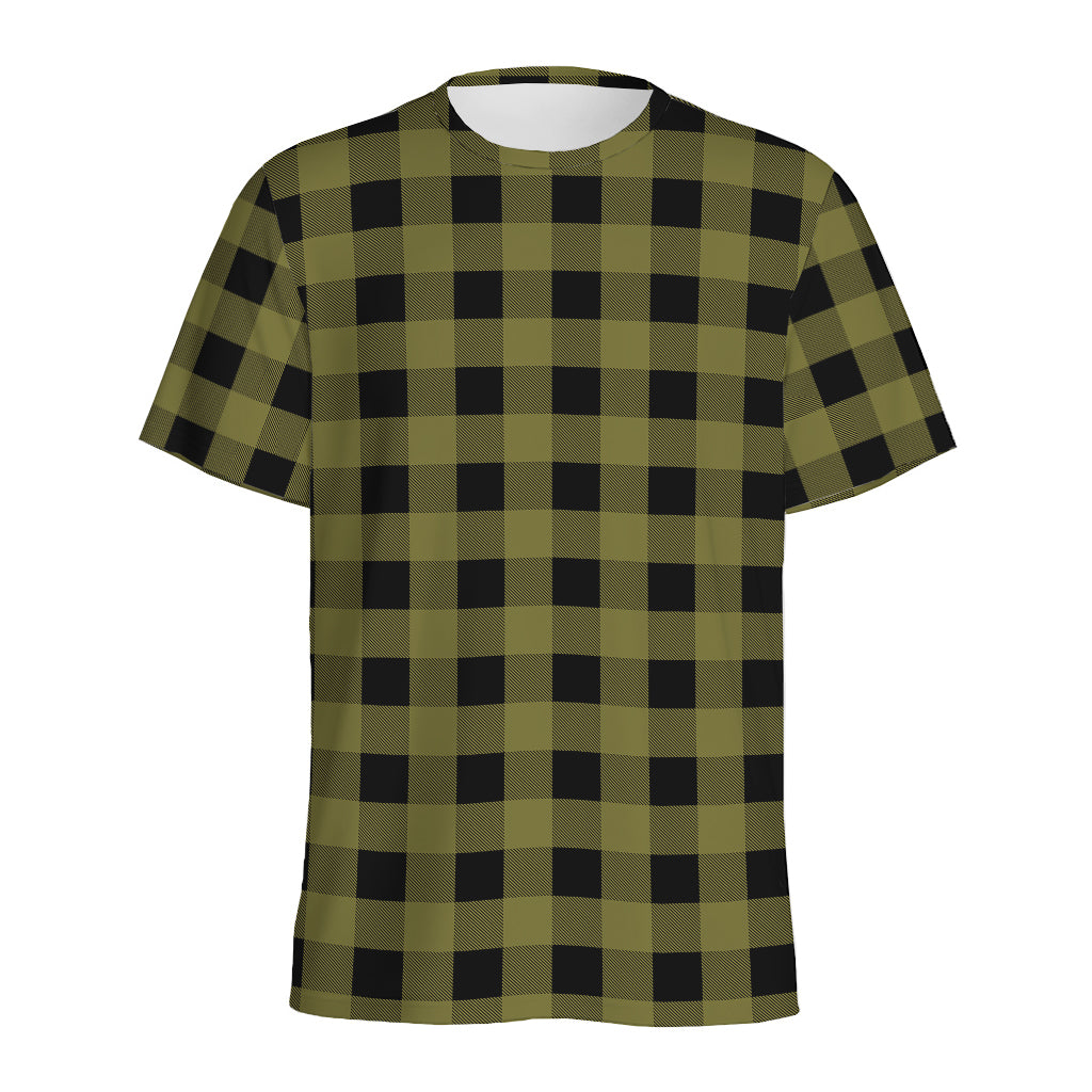 Olive Green Buffalo Check Pattern Print Men's Sports T-Shirt