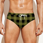 Olive Green Buffalo Check Pattern Print Men's Swim Briefs