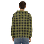 Olive Green Buffalo Check Pattern Print Men's Velvet Pullover Hoodie