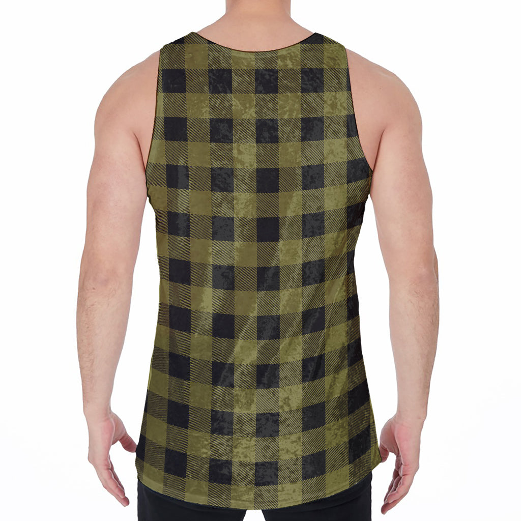 Olive Green Buffalo Check Pattern Print Men's Velvet Tank Top