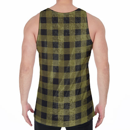 Olive Green Buffalo Check Pattern Print Men's Velvet Tank Top