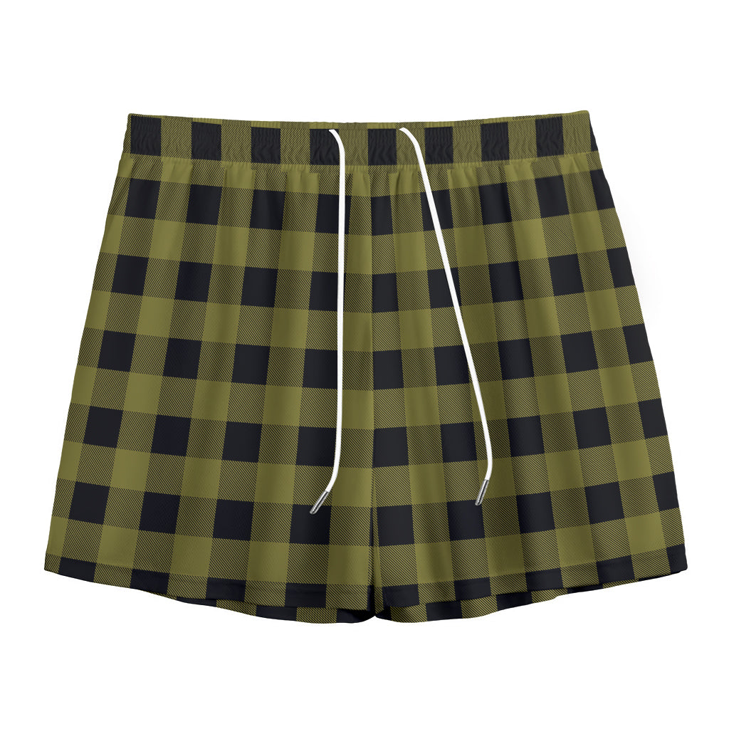 Olive Green Buffalo Check Pattern Print Mesh Shorts
