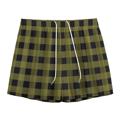 Olive Green Buffalo Check Pattern Print Mesh Shorts