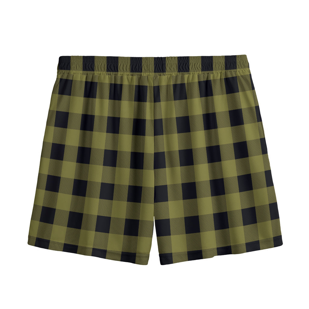 Olive Green Buffalo Check Pattern Print Mesh Shorts