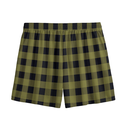 Olive Green Buffalo Check Pattern Print Mesh Shorts