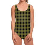 Olive Green Buffalo Check Pattern Print One Piece Swimsuit