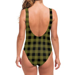 Olive Green Buffalo Check Pattern Print One Piece Swimsuit