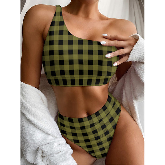 Olive Green Buffalo Check Pattern Print One Shoulder Bikini Top
