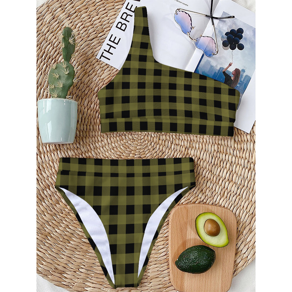 Olive Green Buffalo Check Pattern Print One Shoulder Bikini Top