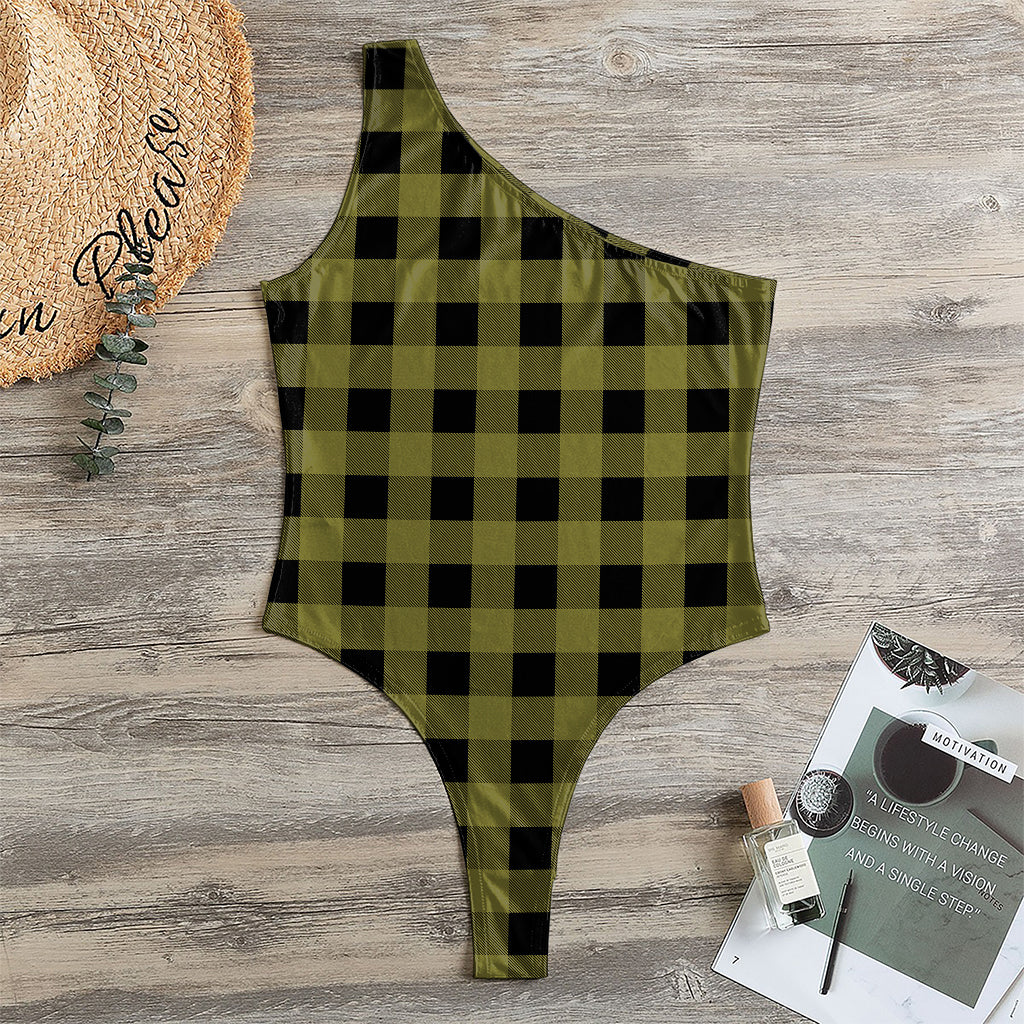 Olive Green Buffalo Check Pattern Print One Shoulder Bodysuit