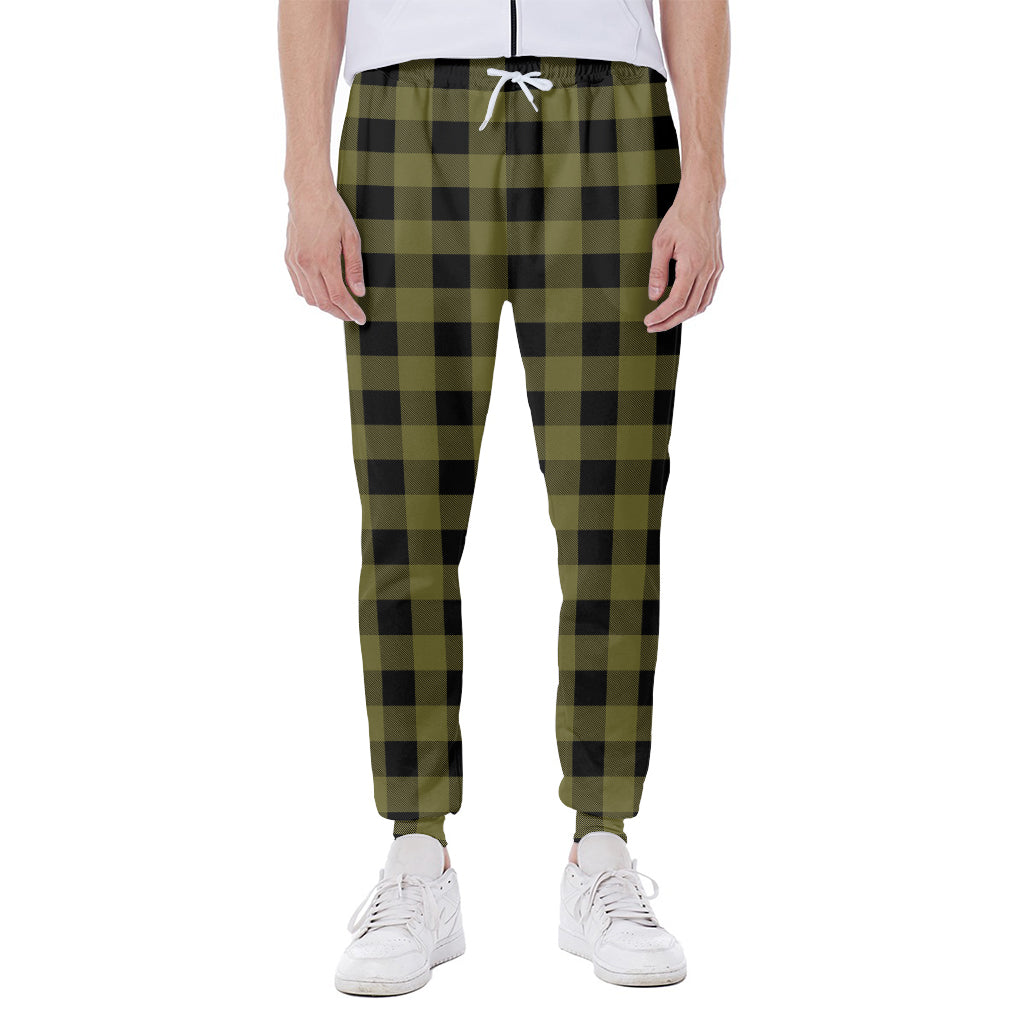 Olive Green Buffalo Check Pattern Print Scuba Joggers