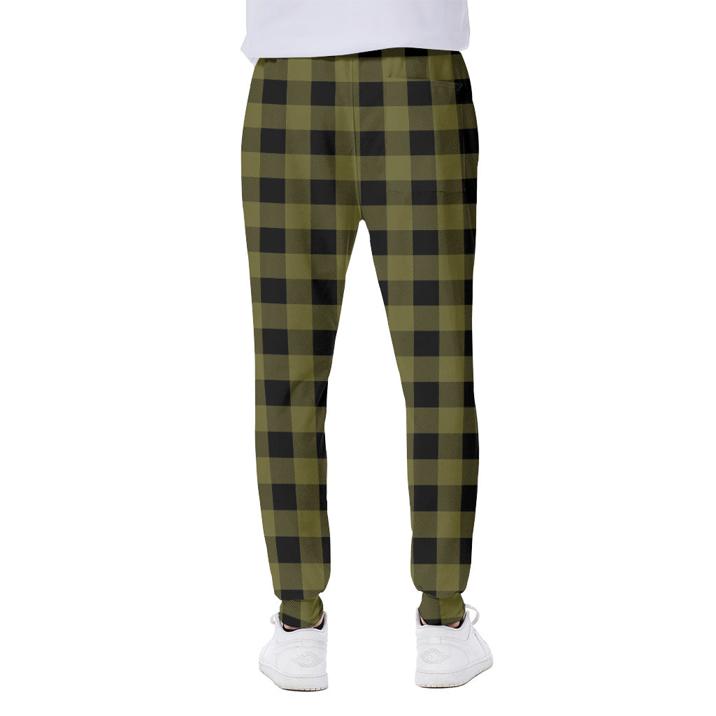 Olive Green Buffalo Check Pattern Print Scuba Joggers