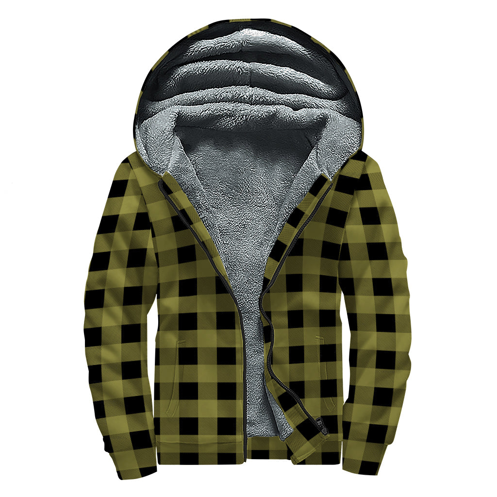 Olive Green Buffalo Check Pattern Print Sherpa Lined Zip Up Hoodie