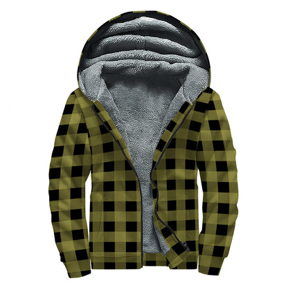 Olive Green Buffalo Check Pattern Print Sherpa Lined Zip Up Hoodie