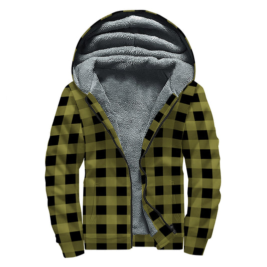 Olive Green Buffalo Check Pattern Print Sherpa Lined Zip Up Hoodie