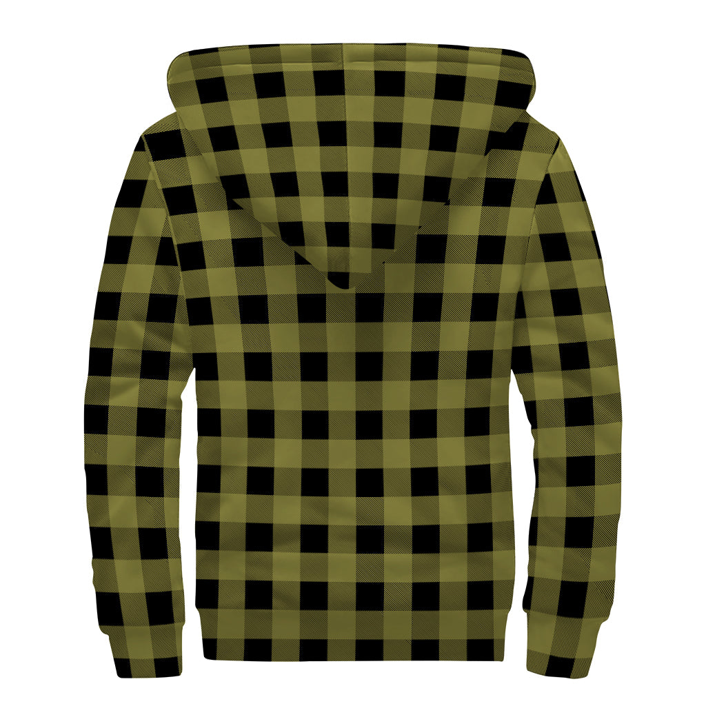 Olive Green Buffalo Check Pattern Print Sherpa Lined Zip Up Hoodie
