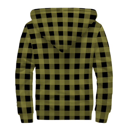 Olive Green Buffalo Check Pattern Print Sherpa Lined Zip Up Hoodie
