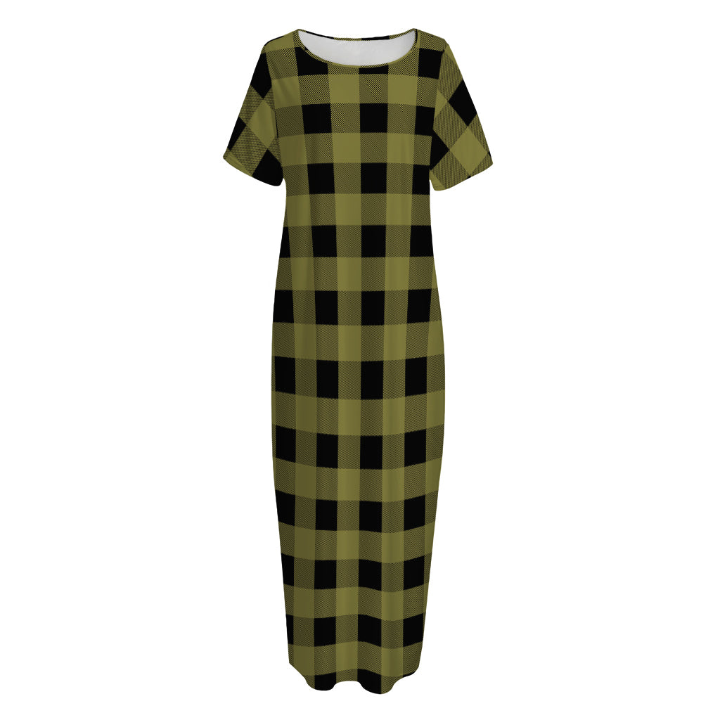 Olive Green Buffalo Check Pattern Print Short Sleeve Long Nightdress