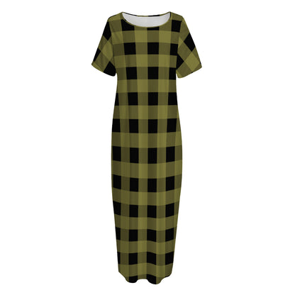 Olive Green Buffalo Check Pattern Print Short Sleeve Long Nightdress