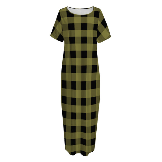Olive Green Buffalo Check Pattern Print Short Sleeve Long Nightdress