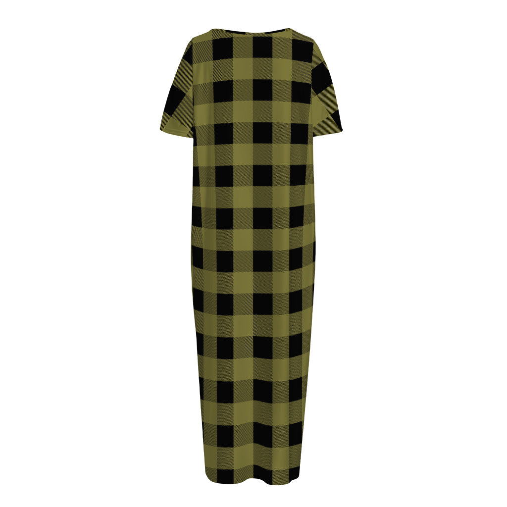 Olive Green Buffalo Check Pattern Print Short Sleeve Long Nightdress