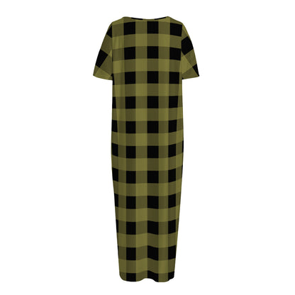 Olive Green Buffalo Check Pattern Print Short Sleeve Long Nightdress