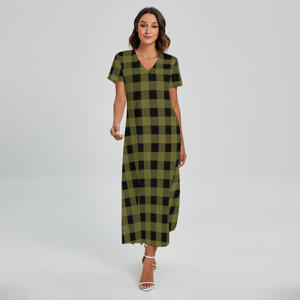 buffalo plaid maxi dress Olive Green Check Pattern Print Short Sleeve Size:XXS AM-PD-10575 inspired silhouette ZAPAKA Women Green Homecoming
