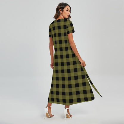 Olive Green Buffalo Check Pattern Print Short Sleeve Maxi Dress