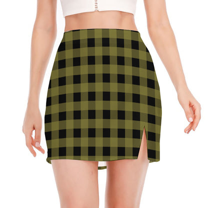 Olive Green Buffalo Check Pattern Print Side Slit Mini Skirt